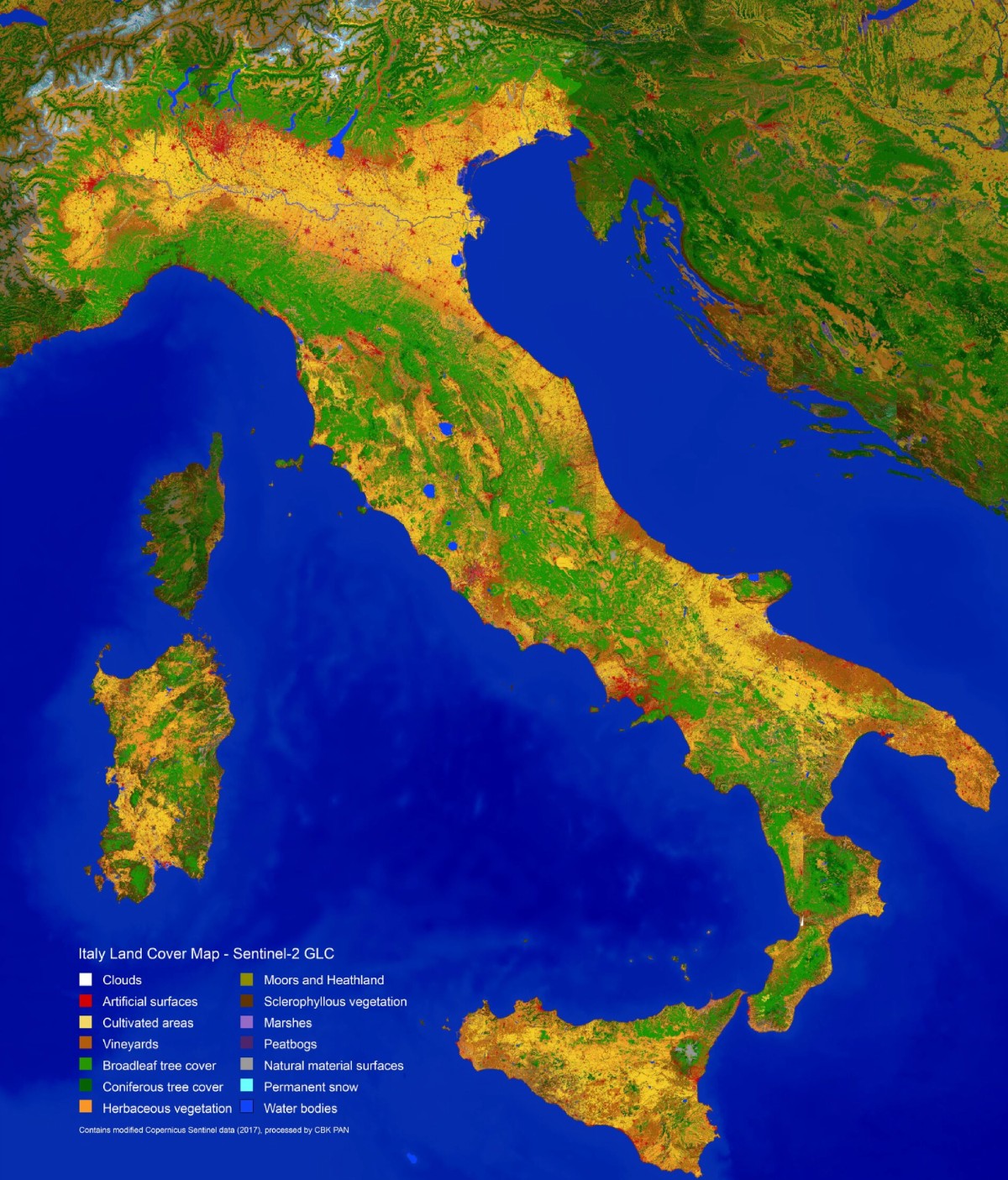 La cartina dell'Italia con identificati i vari usi del suolo